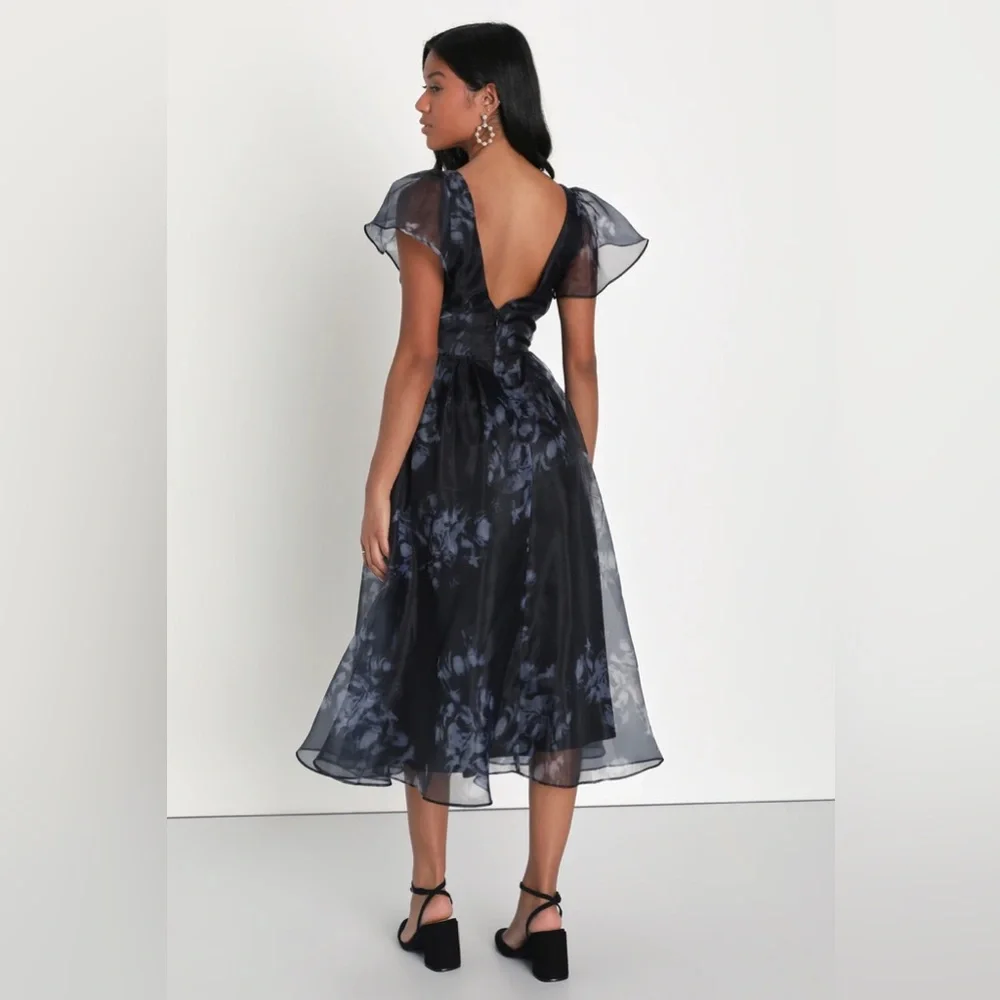 Lulu's Navy and Black Floral Chiffon Midi Dress - Picture 4 of 4